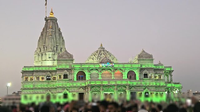 Prem Mandir Vrindavan Illuminated at Night, Radha Krishna Temple Spiritual India 4K