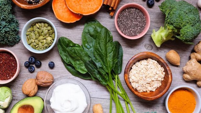 Healthy food ingredients. Overhead view table scene on a wood background. Slow rotating zoom motion. Super foods, green vegetables, berries, whole grains, seeds, spices and nutritious items.