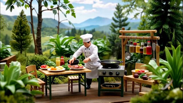 Professional male chef wearing white toque and uniform prepares meat and vegetables on wooden terrace table before frying in wok pan over gas stove against scenic mountain landscape backdrop.