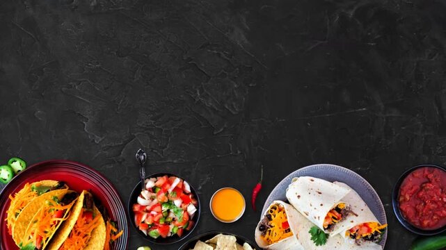 Mexican food bottom border, top view on a dark banner background. Tacos, burritos, quesadilla and nachos. Copy space.