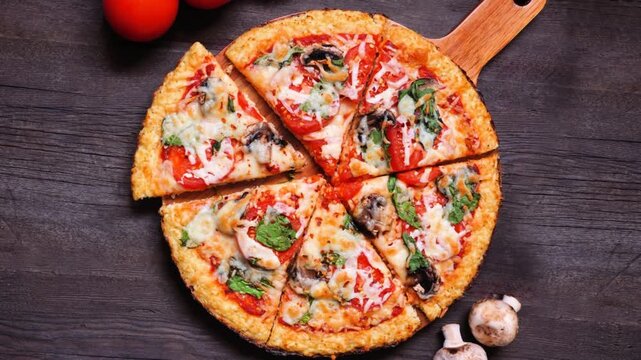 Healthy, gluten free cauliflower crust pizza with tomatoes, mushrooms and spinach. Slow rotating zoom motion. Top down view with cut slices. Table scene on a dark wood background.