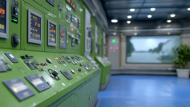 256Photorealistic close-up of a green control panel section, digital displays showing voltage and current readings, switches toggled, blue floor reflecting light, ambient soft shadows