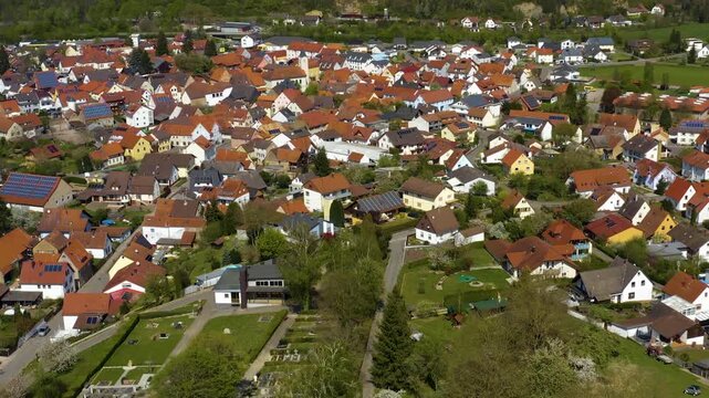 Aerial view of the city and old town in Eberbach in Germany beside the river neckar. On a sunny spring day