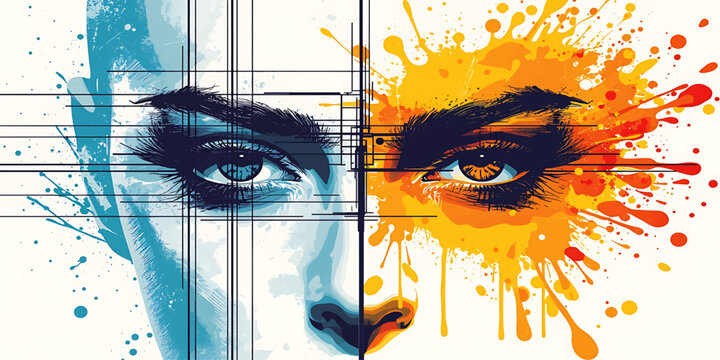Abstract Dual Face Split with Cool Blue Lines and Vibrant Orange Paint Splash Vector Illustration
