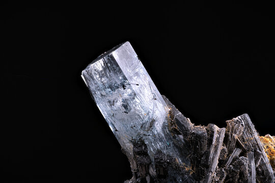 Aquamarine on Schorl. Specimen from Erongo Mnt Region, Namibia. Micro photography extreme close-up. microscope mineral crystal photography for Scientific use