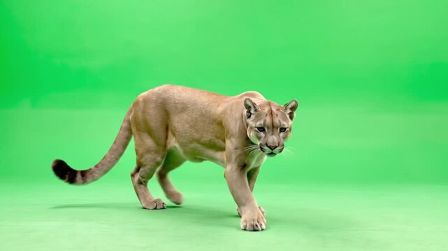 Cougar Puma Mountain Lion Walking Three Quarter View Green Screen Chroma Key 4K Wildlife Predator