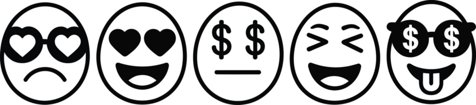 Emoji faces showcasing a range of emotions and symbols, bold minimal vector illustrations for chat, reactions, social networks, and modern user interface design elements.