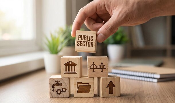Public Sector Concept with Wooden Blocks, Government Services and Infrastructure Icons