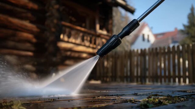 307Ultra-detailed view of a high-pressure power washer in action, close-up on nozzle and hose, dirty siding becoming visibly clean where water strikes, mist and sunlit spray emphasize