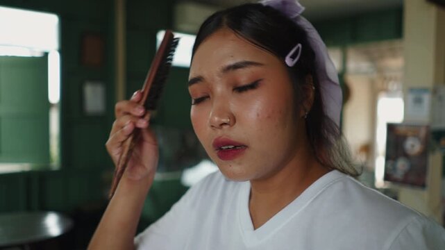 A young Asian woman holds a hairbrush focusing on her reflection while adjusting her hairstyle
