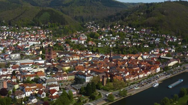 Aerial view of the city and old town in Eberbach in Germany beside the river neckar. On a sunny spring day