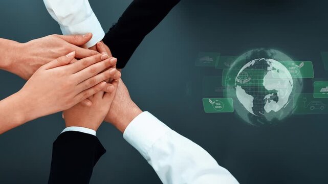 Diverse hands come together symbolizing unity and collaboration, set against a digital globe and environmental icons highlighting sustainability and teamwork in business. Raster