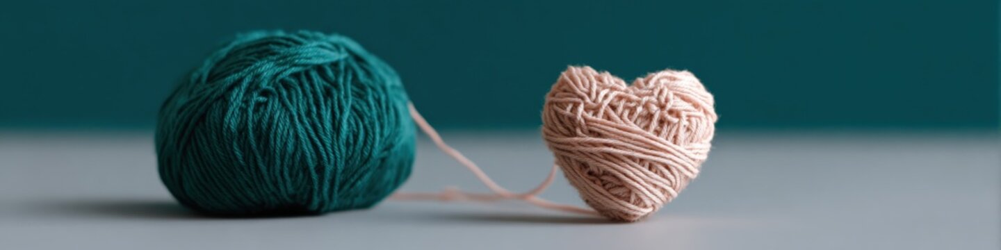 Teal yarn ball and small beige heart shaped yarn on dark teal background, single strand connecting textured wool hearts evoking craft, warmth, and handmade charm