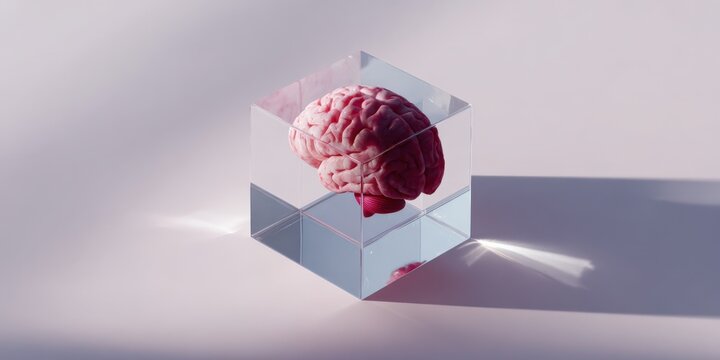 Human brain encased in glass cube on soft gradient surface with long shadow and subtle pastel lighting