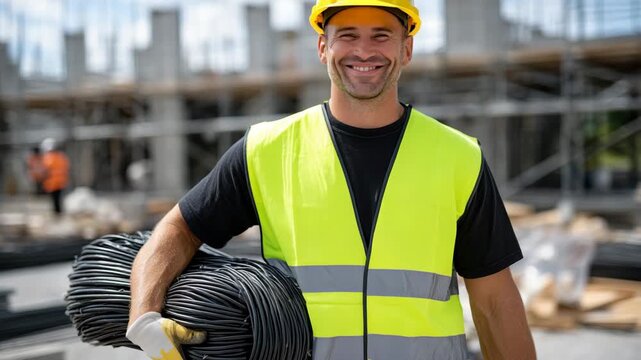 Construction worker holding a thick bundle of cable at an urban construction site, wearing high-visibility vest and helmet, steel beams and scaffolding in background, dusty sunligh
