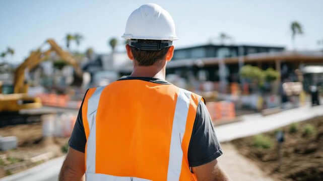 Construction worker walking across site with a bundle of cable over shoulder, sunlight glinting off high-visibility vest, half-built structures and heavy machinery in background, c