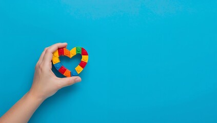 Naklejka premium A hand gently holds a colorful lego heart shape against a vibrant blue background high quality