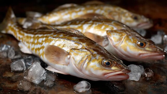 Fresh codfish arranged on crushed ice, scales reflecting subtle white and silver highlights, professional culinary presentation