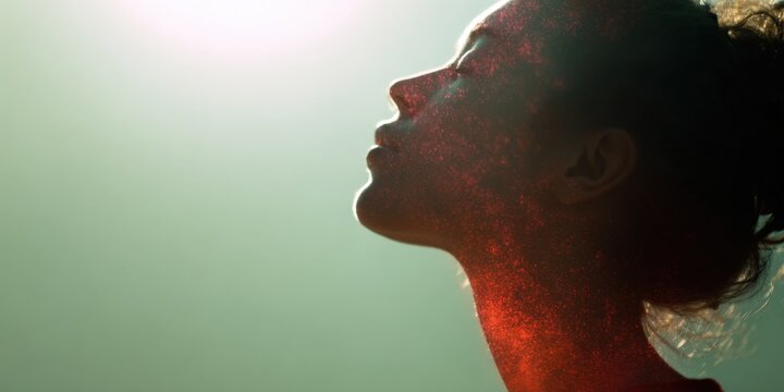 Underwater female asian young profile with warm red shimmer and backlit halo