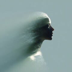 Fototapeta premium Female asian young profile dissolving particles portrait motion blur serene gaze minimalist cool tone