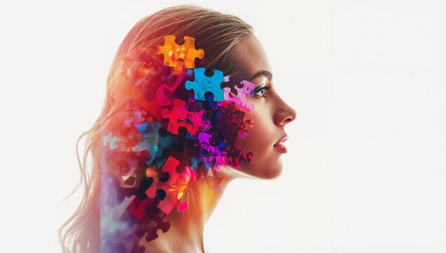 A woman s profile is overlaid with vibrant colorful jigsaw puzzle pieces symbolizing thought and complexity