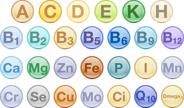 Collection of colorful glossy icons representing essential vitamins and minerals including A, B complex, C, D, E, K, calcium, magnesium, zinc, iron, and omega. Ideal for healthcare, nutrition,