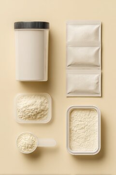 Top Down Product Layout of Plain Protein Sachets, Scoop, Shaker Lid and Neatly Arranged Ingredients