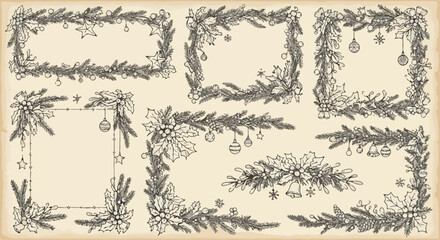 Vintage Christmas floral frames and borders set, hand drawn botanical winter holiday wreaths, rustic pine branch and holly berry vector illustrations © Asia