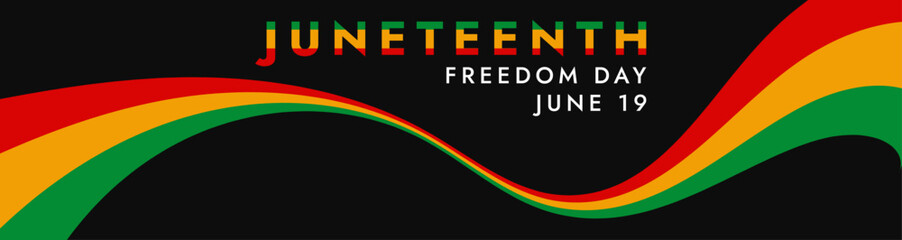 Juneteenth Freedom Day banner design celebrating African American independence. Modern minimalist poster with red, yellow, and green wave shapes on black background, featuring June 19 holiday typograp © Olga Tsikarishvili