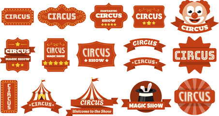 Fototapeta premium Collection of retro circus badges, labels and banners with carnival typography, clown face and big top tent elements in flat vector style. Bright red and orange festive design isolated on light