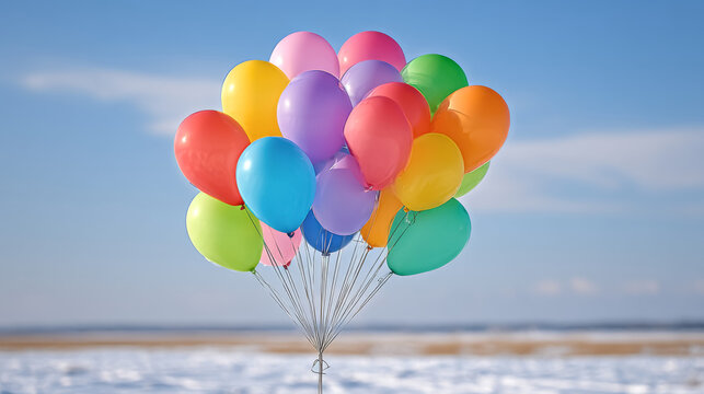 Vibrant balloon release against a clear blue sky