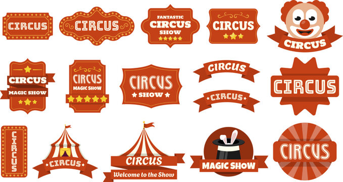 Collection of retro circus badges, labels and banners with carnival typography, clown face and big top tent elements in flat vector style. Bright red and orange festive design isolated on light