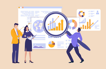 A businessman using a large magnifying glass on a projection screen to reveal information, symbolizing data analysis, investigation, research, attention to detail, and business intelligence in a corpo