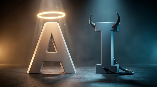 Angel and Devil AI Concept Letters &ndash; Artificial Intelligence Ethics Concept for Business Presentation, Technology Debate, Moral Decision Poster, Blog Banner
