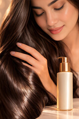 Naklejka premium Woman flaunting strong silky shiny hair after dry shampoo, leave in conditioner, hair serum, oil, spa mask, heat protectant spray, keratin, hair botox, protein therapy, straightening, smoothening