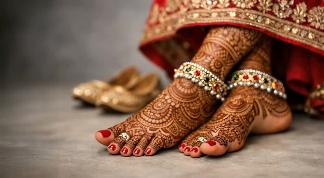 Indian bride feet with mehndi and anklet resting on floor with wedding footwear in background close up portrait ritual beauty tradition culture advertisement use