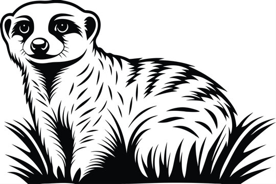 A cute stylized meerkat looks peacefully above grass in black and white vector