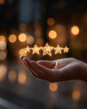 Hand Holding Glowing Stars: A hand gently cradles a constellation of radiant golden stars, suggesting a concept of offering value, excellent service or achieving high ratings.