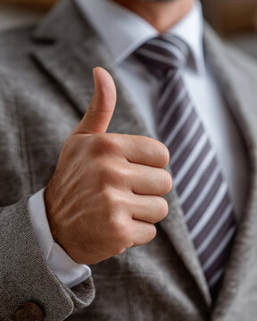 Elegant Thumbs Up: A close-up shot of a distinguished person in a tailored suit, offering a confident thumbs up gesture, suggesting approval, affirmation, and a positive outlook. 