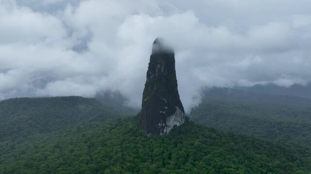 Pico C&atilde;o Grande, volcanic plug peak on S&atilde;o Tom&eacute; and Pr&iacute;ncipe, drone perspective