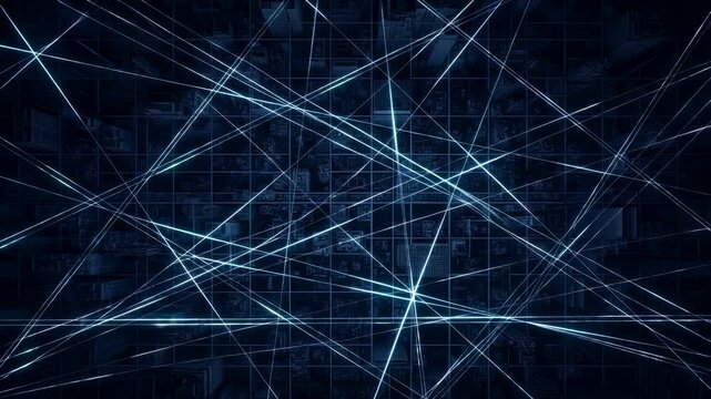 Slow motion tracking pan zoom of glowing network lines connecting and intersecting over digital city matrix and circuit grid background at night