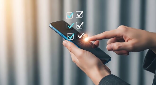 Person's finger touching smartphone screen with glowing checkmarks in squares mobile phone hand