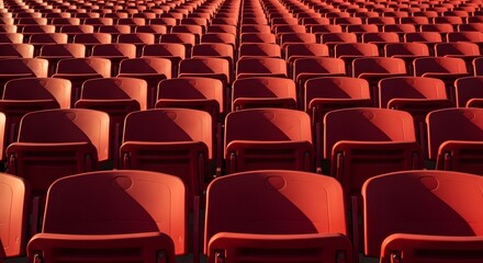 Fototapeta premium Rows of empty red stadium seats bathed in warm golden hour sunlight creating a serene atmosphere