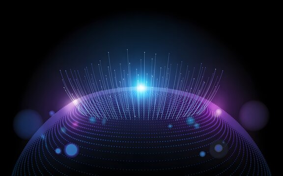 Vibrant digital sphere or dome composed of interconnected glowing lines and particles radiates a powerful light burst on a dark background.