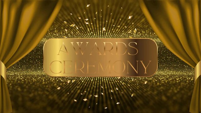 Ready-to-use video intro with a gold plate and AWARDS CEREMONY text, falling confetti, glowing background with rays and bokeh, and gold curtains for festive shows and winner announcements.