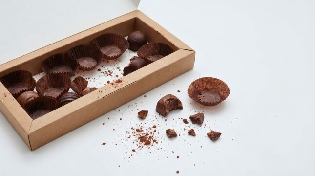 Assorted chocolates in wooden box, some broken, dark chocolate
