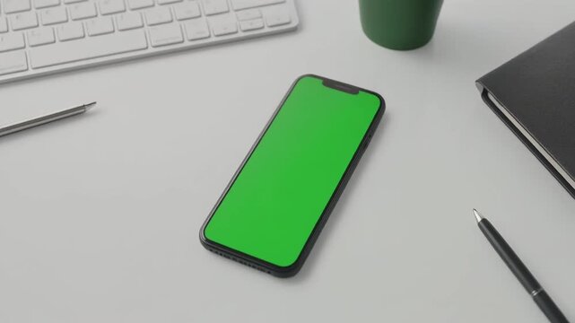 Modern iPhone with Green Screen Display on White Office Desk with Keyboard and Notebook
