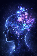 Obraz premium Cosmic Mindscape: Glowing Human Head with Circuitry and Luminous Plant Growth, Blending Nature and Technology in a Futuristic Digital Realm