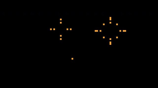 Pixel art golden sparkle animation on black background. Shiny star flash effect with frame sequence. Retro game special effect element for digital UI design.