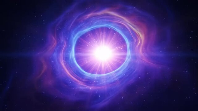 Cinematic cosmic wormhole with glowing purple nebula, swirling interstellar vortex in deep space, bright star light portal background for sci-fi